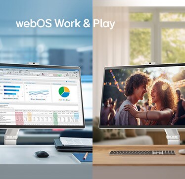 Sur l’image de gauche, un LG Smart Monitor Swing dans un bureau affiche plusieurs graphiques, tandis que sur celle de droite, un LG Smart Monitor Swing à la maison diffuse un film.