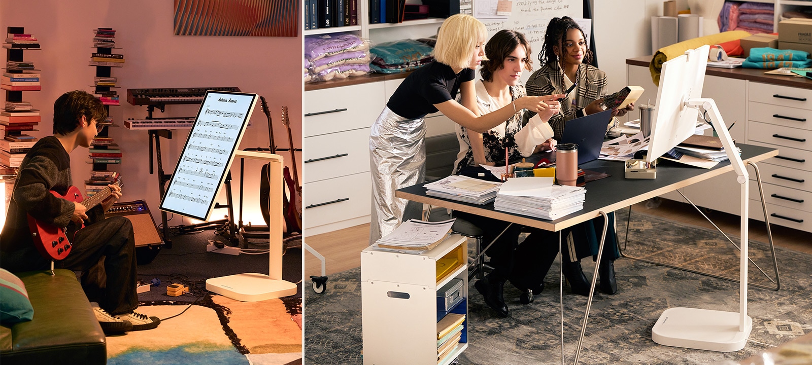 Sur l’image de gauche, un homme joue de la guitare tout en lisant une partition sur un LG Smart Monitor Swing. À droite, trois employés travaillent ensemble sur un LG Smart Monitor Swing.
