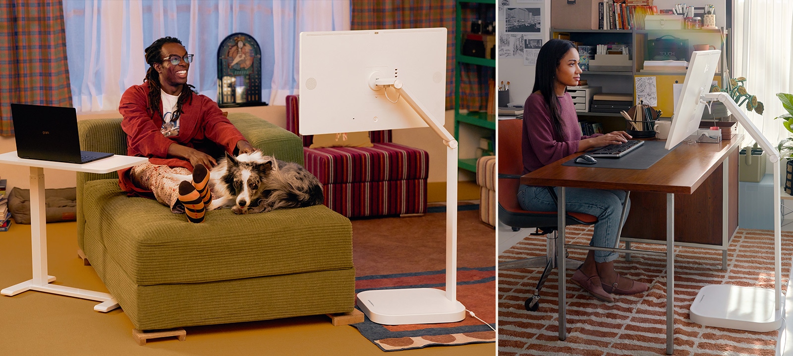 Sur l’image de gauche, un homme avec son chien regarde un LG Smart Monitor Swing, tandis que sur celle de droite, une femme travaille sur un LG Smart Monitor Swing.