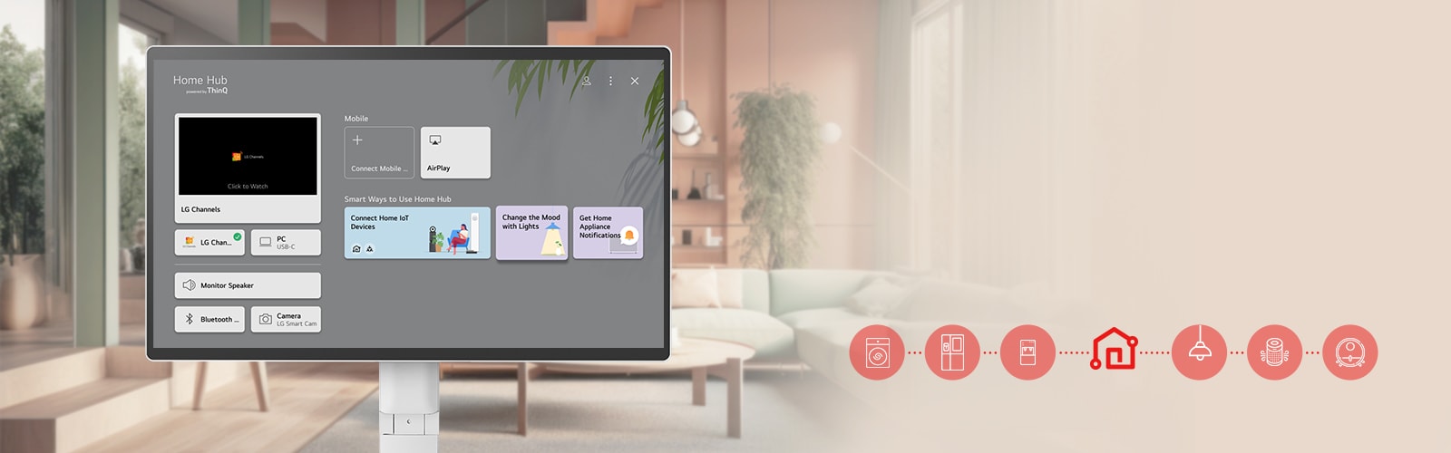 L’écran du LG Smart Monitor Swing montre l’interface du tableau de bord d’accueil ThinQ.