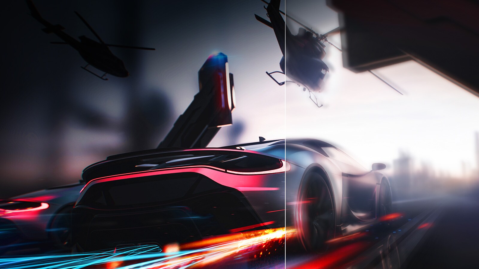 Le support montre deux animations comparées d’une voiture roulant dans le jeu. Les deux animations se ressemblent, mais la première, sur laquelle une fréquence de rafraîchissement de 144Hz n’est pas appliquée, est moins claire que l'autre.