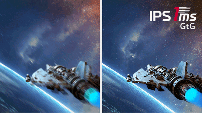 Il affiche deux animations comparées d'un avion de chasse. Les deux animations se ressemblent, mais la première, sur laquelle 1ms(GtG) n’est pas appliquée, est moins claire que l'autre.