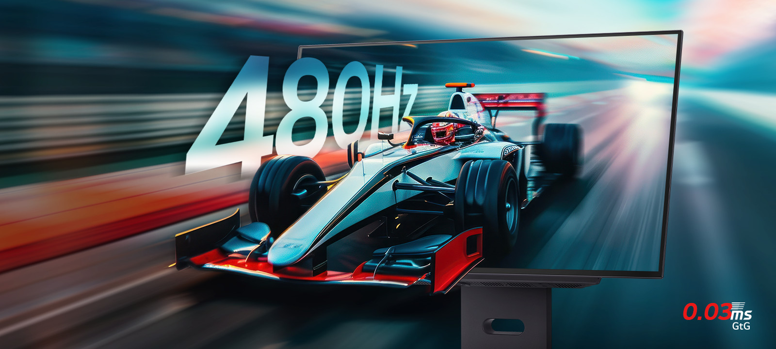 Scène d’un jeu de course avec un temps de réponse extrêmement rapide de 0.03ms (GtG) et un taux de rafraîchissement de 480Hz.