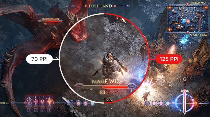 Une scène de jeu comparant la clarté visuelle d’une image à 70 PPI et 125 PPI.