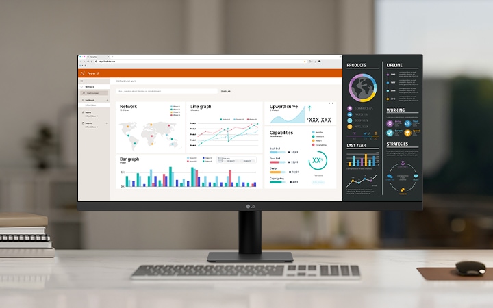 Moniteur LG ultra large sur un bureau blanc dans un espace de travail moderne, affichant plusieurs tableaux de bord et graphiques de données pour la productivité et le multitâche.