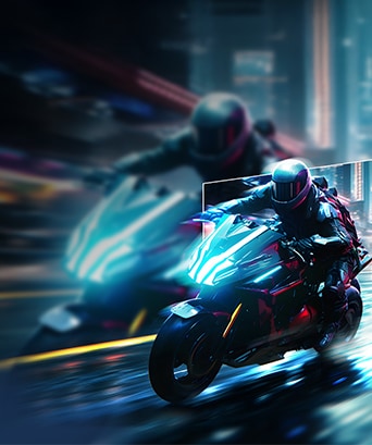 Un motocycliste futuriste participant à une course dans un paysage urbain éclairé par des néons, avec une section mise en évidence montrant une vue plus claire et plus nette qui souligne la clarté des mouvements.