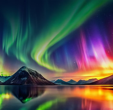 Un paysage éclatant d’aurores boréales brillant au-dessus de montagnes enneigées et leur reflet sur un lac calme, présentant une plage dynamique de couleurs et de contraste élevée.