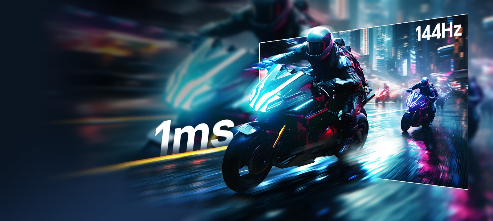 Scène d’un jeu de course avec un temps de réponse extrêmement rapide de 1ms (GtG) et un taux de rafraîchissement de 144Hz.