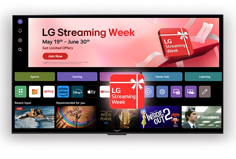 L’écran d’accueil webOS de LG est placé avec une case rouge qui dit « LG Streaming Week »