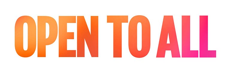 Le mot « Open » est rempli d’images rotatives de différentes familles. La phrase « Open » apparaît avec une grande typographie, dans un dégradé rouge à orange. Sur la droite, une boîte d’images rotatives d’une mère et sa fille jusqu’à un champ d'éoliennes avant de passer au mot « All ».