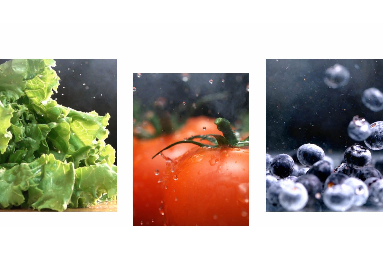 Une vidéo en gros plan de l’eau s’égouttant d’une laitue verte croquante jouxte une vidéo en gros plan de l’eau tombant sur des tomates rouges fraîches, ainsi qu’une vidéo de bleuets humides et brillants en mouvement.