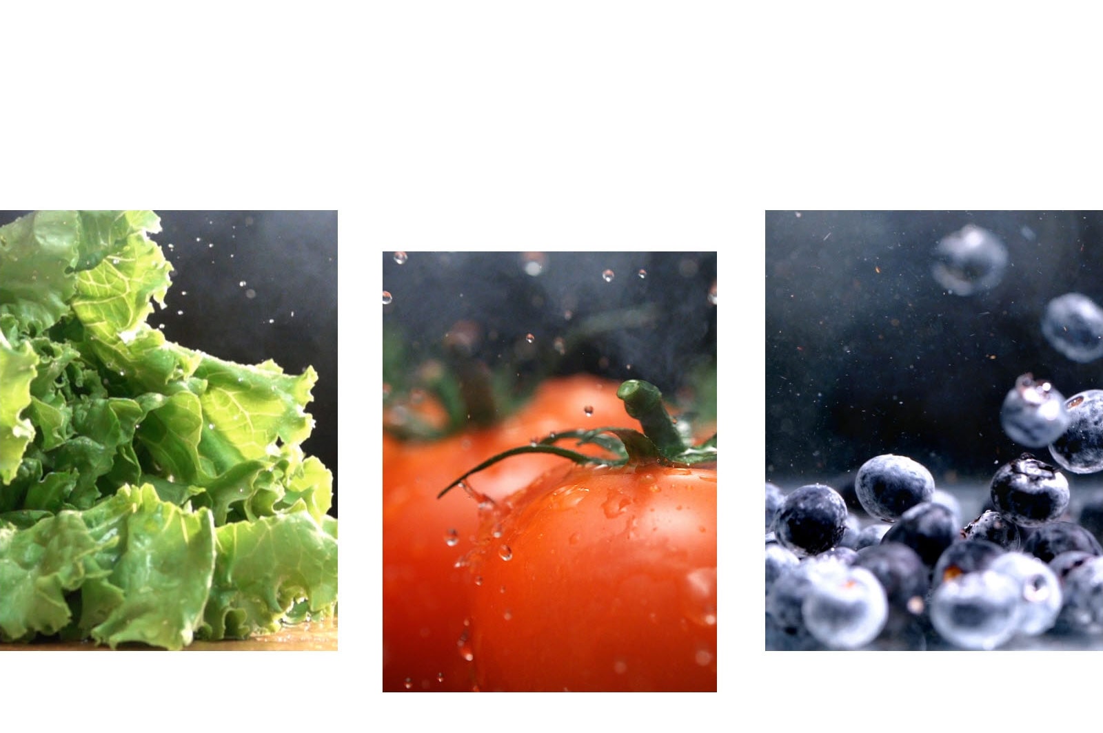 Une vidéo en gros plan de l’eau s’égouttant d’une laitue verte croquante jouxte une vidéo en gros plan de l’eau tombant sur des tomates rouges fraîches, ainsi qu’une vidéo de bleuets humides et brillants en mouvement.