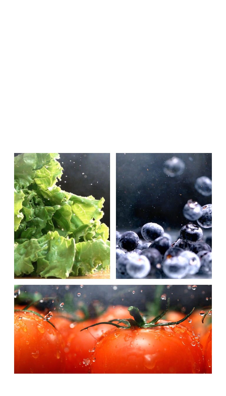 Une vidéo en gros plan de l’eau s’égouttant d’une laitue verte croquante jouxte une vidéo en gros plan de l’eau tombant sur des tomates rouges fraîches, ainsi qu’une vidéo de bleuets humides et brillants en mouvement.
