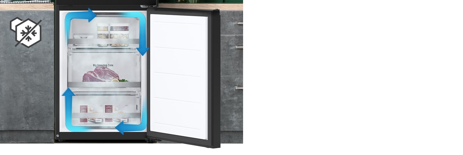 Congélateur sans givre avec refroidissement uniforme et circulation d'air froid pour garder les aliments frais dans tout le réfrigérateur.