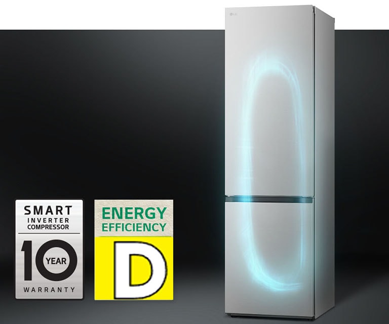 Réfrigérateur avec système de refroidissement efficace équipé d’un smart inverter compressor et avec une étiquette de garantie de 10 ans sur le compresseur.