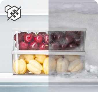 Comparaison des contenants de fruits surgelés avec et sans givre.