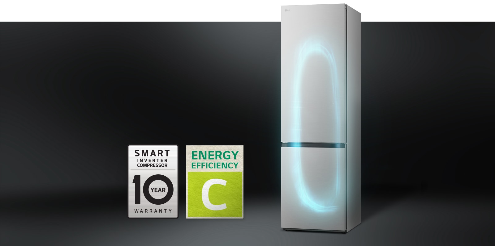 Réfrigérateur avec système de refroidissement efficace équipé d’un smart inverter compressor et avec une étiquette de garantie de 10 ans sur le compresseur.