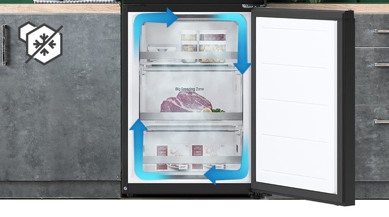 Congélateur sans givre avec refroidissement uniforme et circulation d'air froid pour garder les aliments frais dans tout le réfrigérateur.