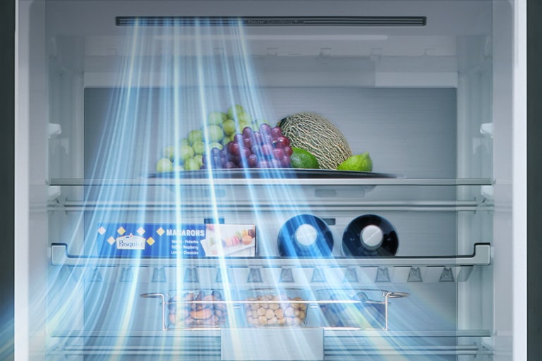 Vista interior de un congelador inferior LG con estantes llenos de frutas, verduras, bebidas y aperitivos, mientras que las líneas azules de flujo de aire soplan desde el lado izquierdo del frigorífico.