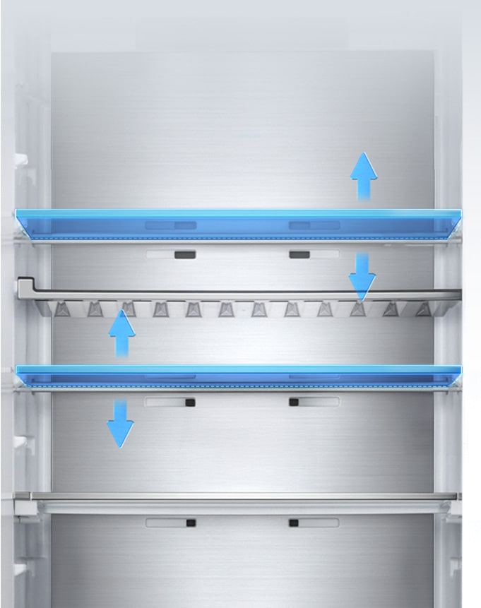LG fridge (GBBW726AEV) interior view with five shelves and adjustable height levels shown with blue arrows indicating vertical movement