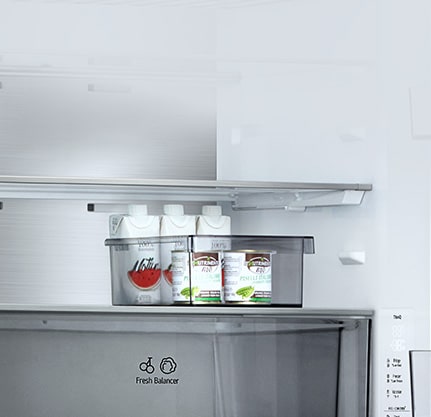 LG bottom freezer (GBBW726AEV) interior with movable bucket holding juice packs and container placed above Fresh Balancer drawer