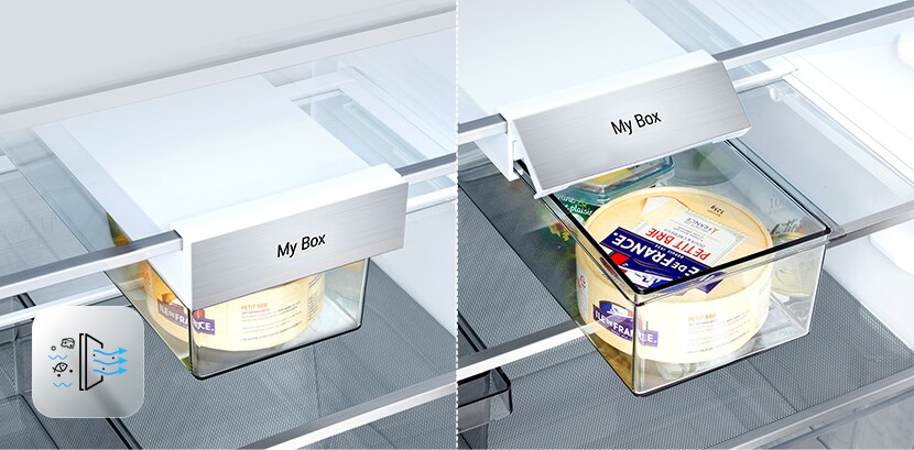 LG fridge freezer (GBBW726AEV) left image shows closed filter box with cheese and deodorizing icon bottom left right image shows box open revealing cheese