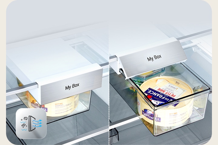 LG fridge freezer (GBBW726AEV) left image shows closed filter box with cheese and deodorizing icon bottom left right image shows box open revealing cheese
