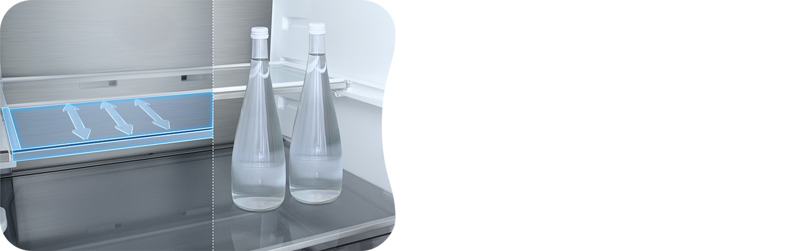LG fridge freezer (GBBW726AEV) shelf highlighted in blue with arrows up and down right image shows folded shelf holding two water bottles