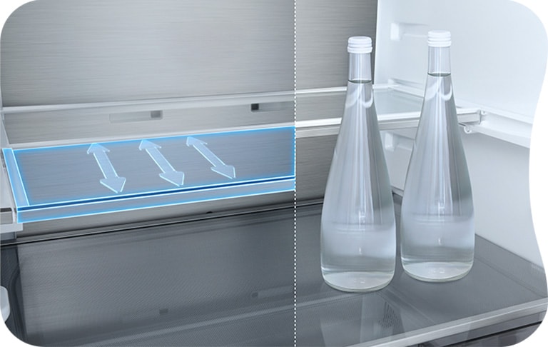 LG fridge freezer (GBBW726AEV) shelf highlighted in blue with arrows up and down right image shows folded shelf holding two water bottles