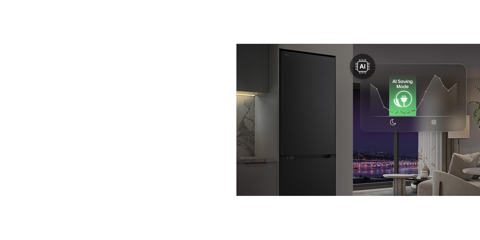 Congélateur LG à congélateur en bas (GBBS726CEV) dans un espace de vie avec vue nocturne sur la ville, superposée à un graphique du mode d'économie d'énergie IA et à un graphique représentant les fluctuations de la consommation d'énergie.