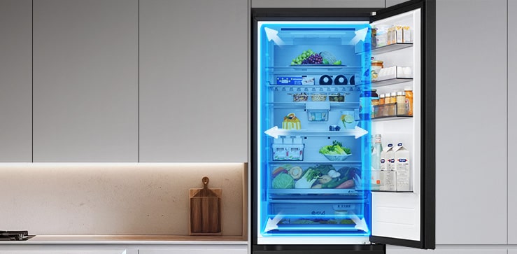 Vue intérieure du congélateur LG à congélateur en bas (GBBS726CEV) avec des étagères contenant des fruits, des légumes, des boissons et des collations, avec des lignes bleues représentant la circulation de l'air provenant du côté gauche.