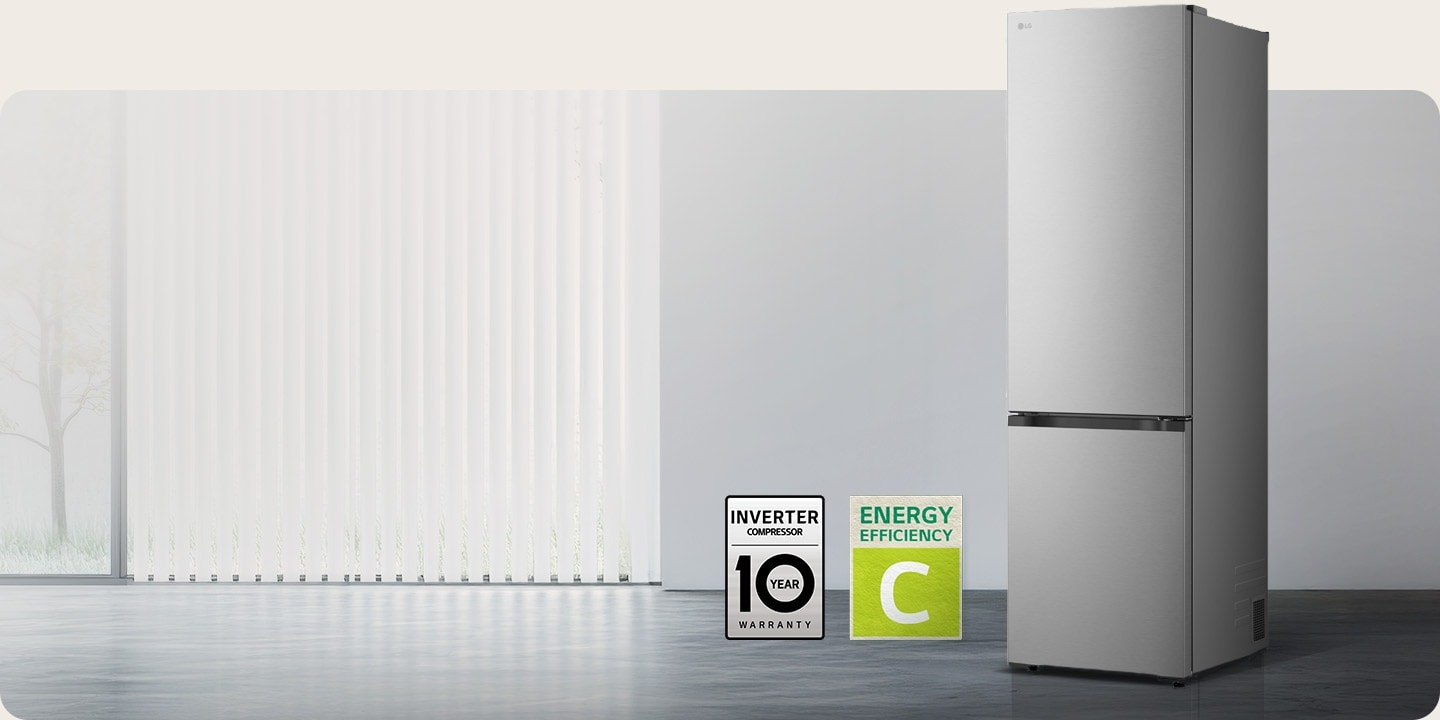 LG bottom freezer (GBBW726AEV) matte black front view in bright room with vertical blinds with 10 year compressor warranty and Energy Efficiency A icons below