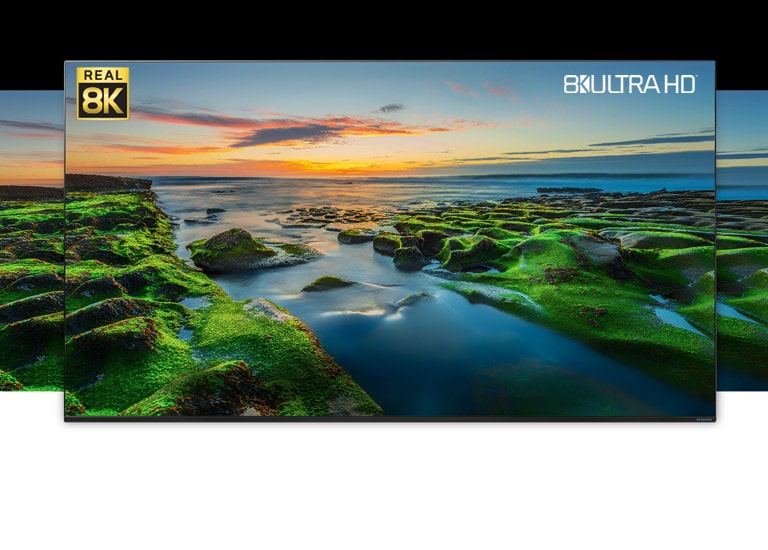 Écran de téléviseur montrant une large vue sur la nature avec les logos de la Real 8K et de la CTA
