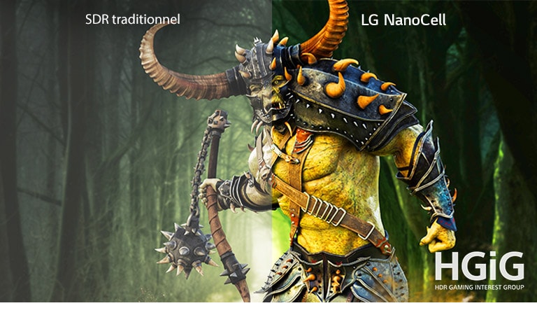 Une moitié de scène de jeu avec un monstre diffusée sur un téléviseur classique et une autre moitié sur un téléviseur LG NanoCell avec HDR