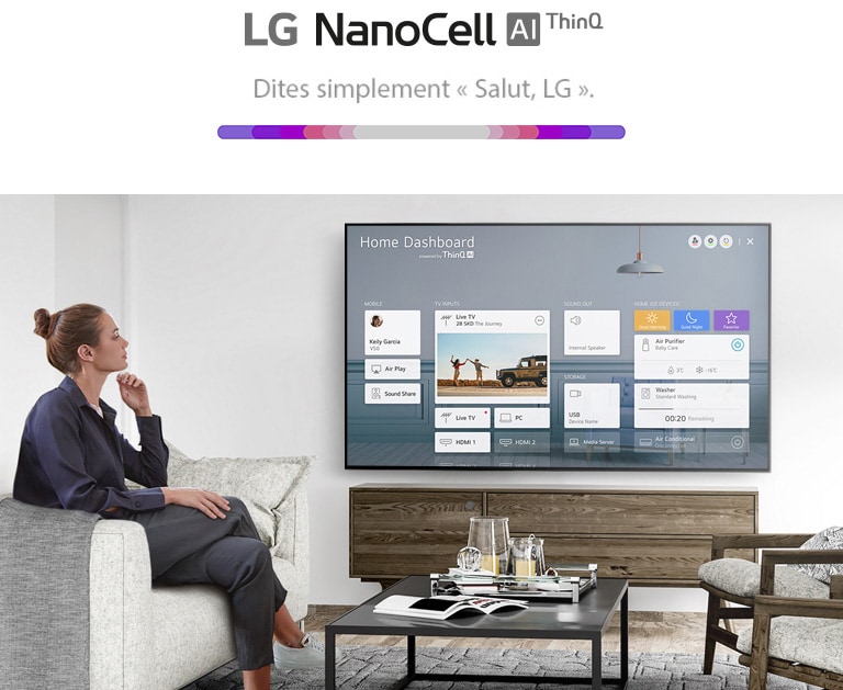 Un homme et une femme assis sur un canapé dans le salon et regardant le tableau de bord Accueil affiché à l’écran du téléviseur