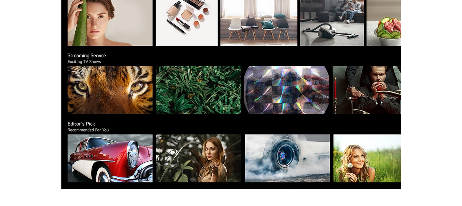 Un écran de téléviseur affiche plusieurs contenus répertoriés et recommandés par LG ThinQ AI