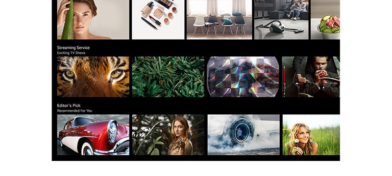 Un écran de téléviseur affiche plusieurs contenus répertoriés et recommandés par LG ThinQ AI