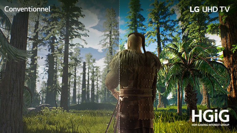 Écran de téléviseur montrant une scène de jeu avec un homme se tenant en pleine forêt. Une moitié de l’image est présentée sur un écran conventionnel avec une qualité d’image médiocre. L’autre moitié est présentée sur un écran de téléviseur UHD LG avec une qualité d’image lumineuse et réaliste.