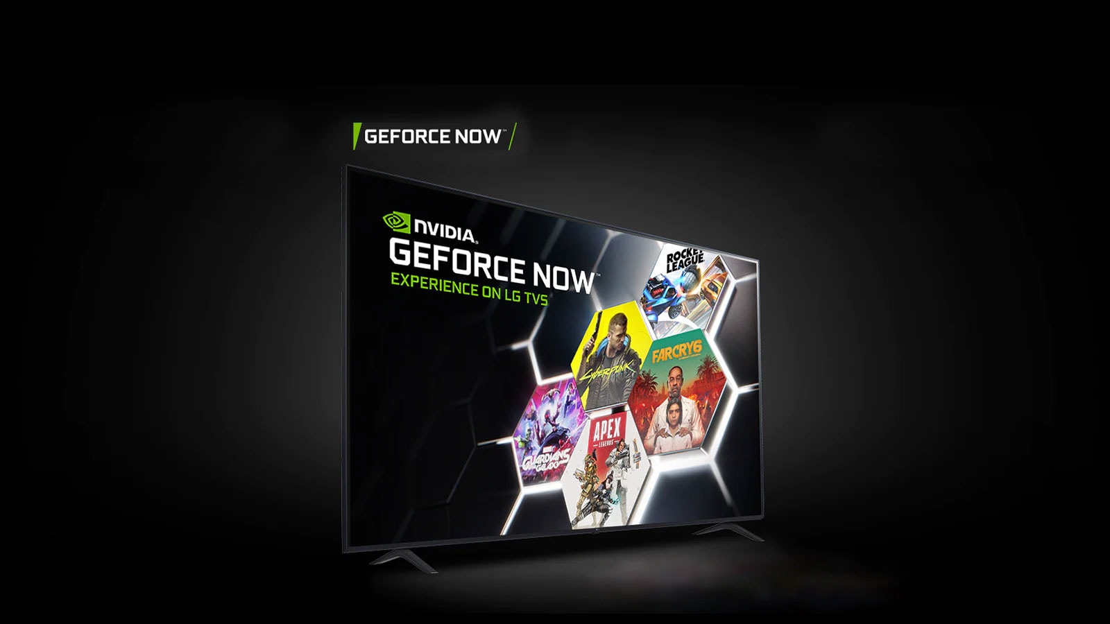 Image montrant GFORCE NOW et STADIA sur deux téléviseurs UHD de LG distincts, avec des émissions et des jeux.