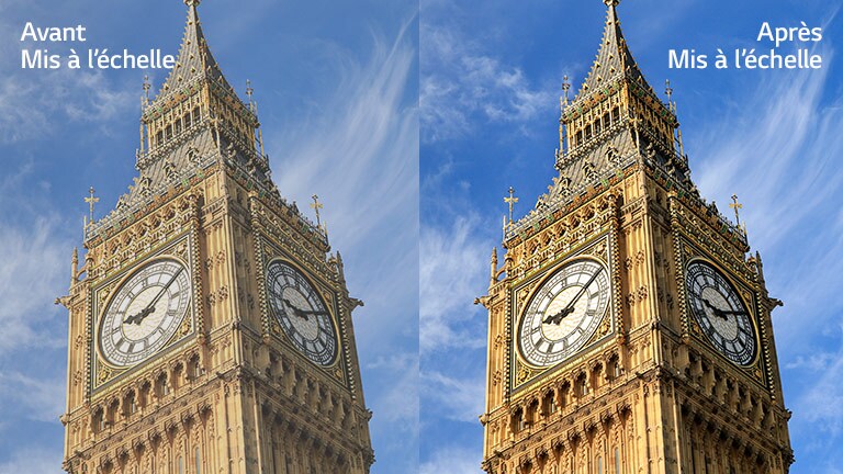Une image de Big Ben à droite avec la mention « Après la mise à l’échelle » est plus lumineuse et nette que la même image à droite avec la mention « Avant la mise à l’échelle ».