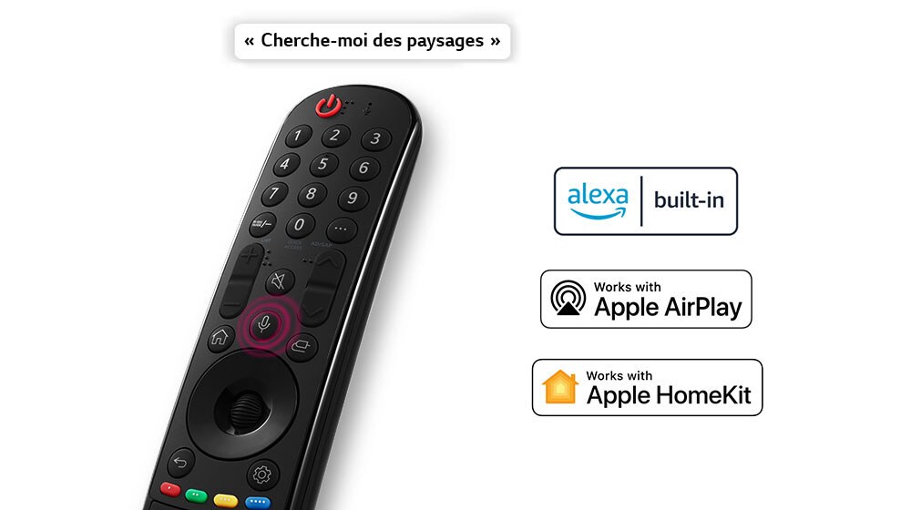 Une télécommande avec une bulle indiquant « Cherche-moi des paysages ». Les logos des services OTT affiliés sont illustrés.