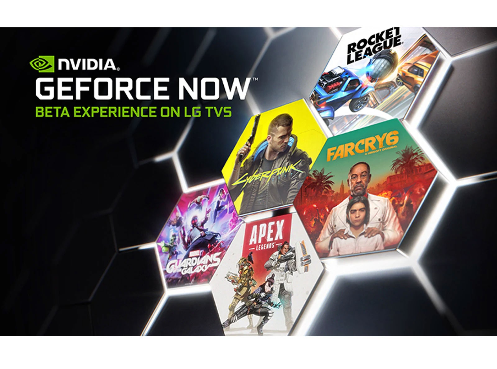 Image avec le logo GeForce Now sur un fond sombre. Les couvertures et les titres de plusieurs jeux populaires sont affichés.