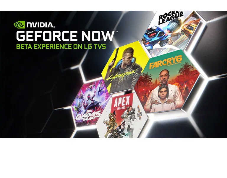 Image avec le logo GeForce Now sur un fond sombre. Les couvertures et les titres de plusieurs jeux populaires sont affichés.