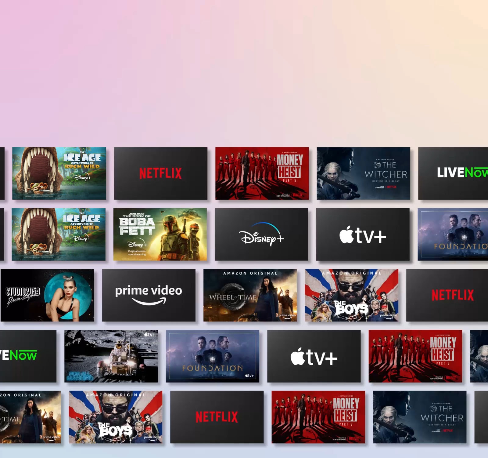 Des rangées de contenu OTT défilent latéralement tout en affichant le logo du fournisseur OTT et les vignettes du contenu proposé.