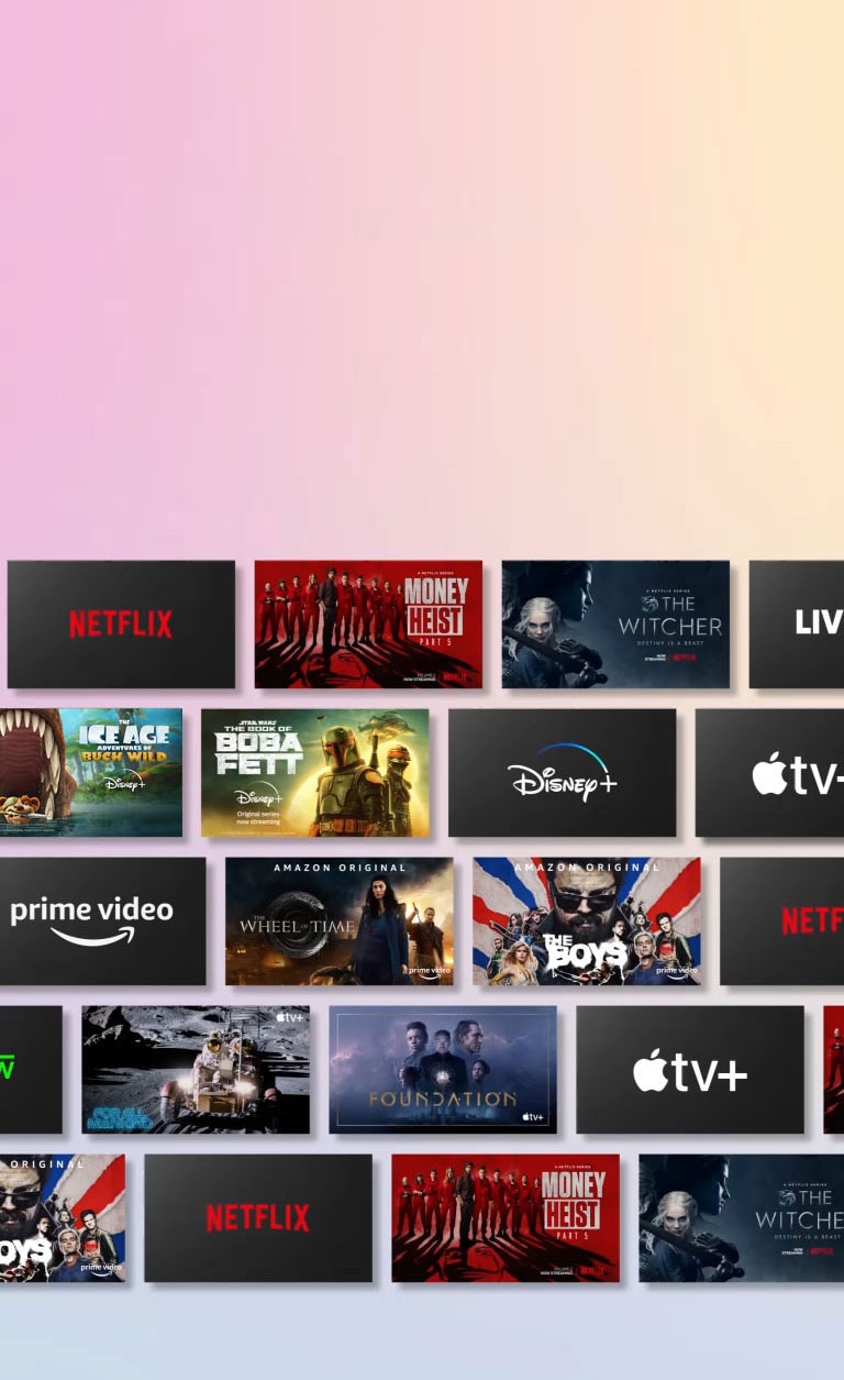 Des rangées de contenu OTT défilent latéralement tout en affichant le logo du fournisseur OTT et les vignettes du contenu proposé.