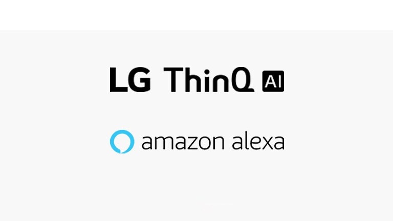 Cette carte décrit les commandes vocales. Les logos LG ThinQ AI, Amazon Alexa sont placés. 