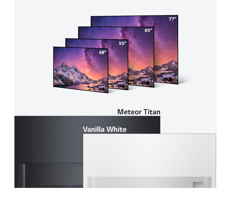 Gamme de téléviseurs LG OLED dans différentes tailles de 48 pouces à 77 pouces et couleurs en noir clair et blanc vanille