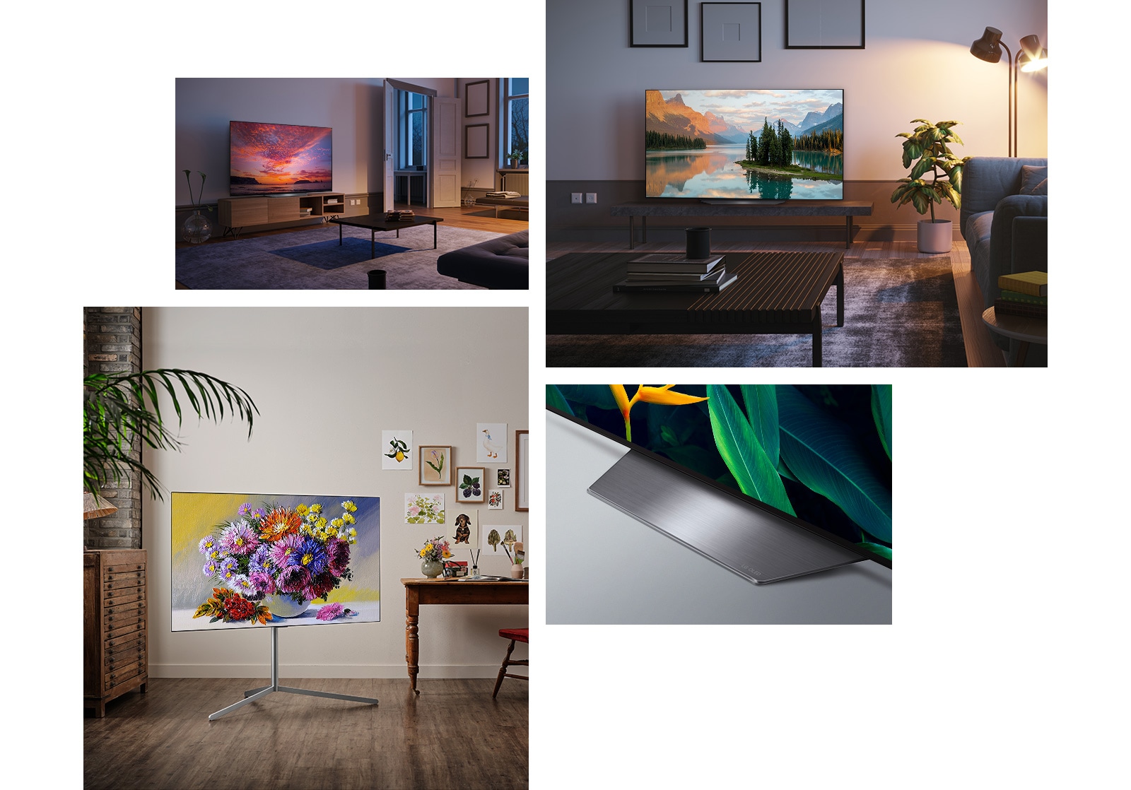 Adegan petang dengan LG OLED B2 diletakkan di kabinet TV di ruang tamu yang selesa. Pandangan depan LG OLED B2 diletakkan di atas perabot TV di dalam bilik yang hangat yang mengandungi tumbuhan, buku dan meja kopi. Pandangan sudut lebar pangkal LG OLED B2. LG OLED B2 dengan kaki galeri berada di sudut bilik artis di mana cat air dipamerkan