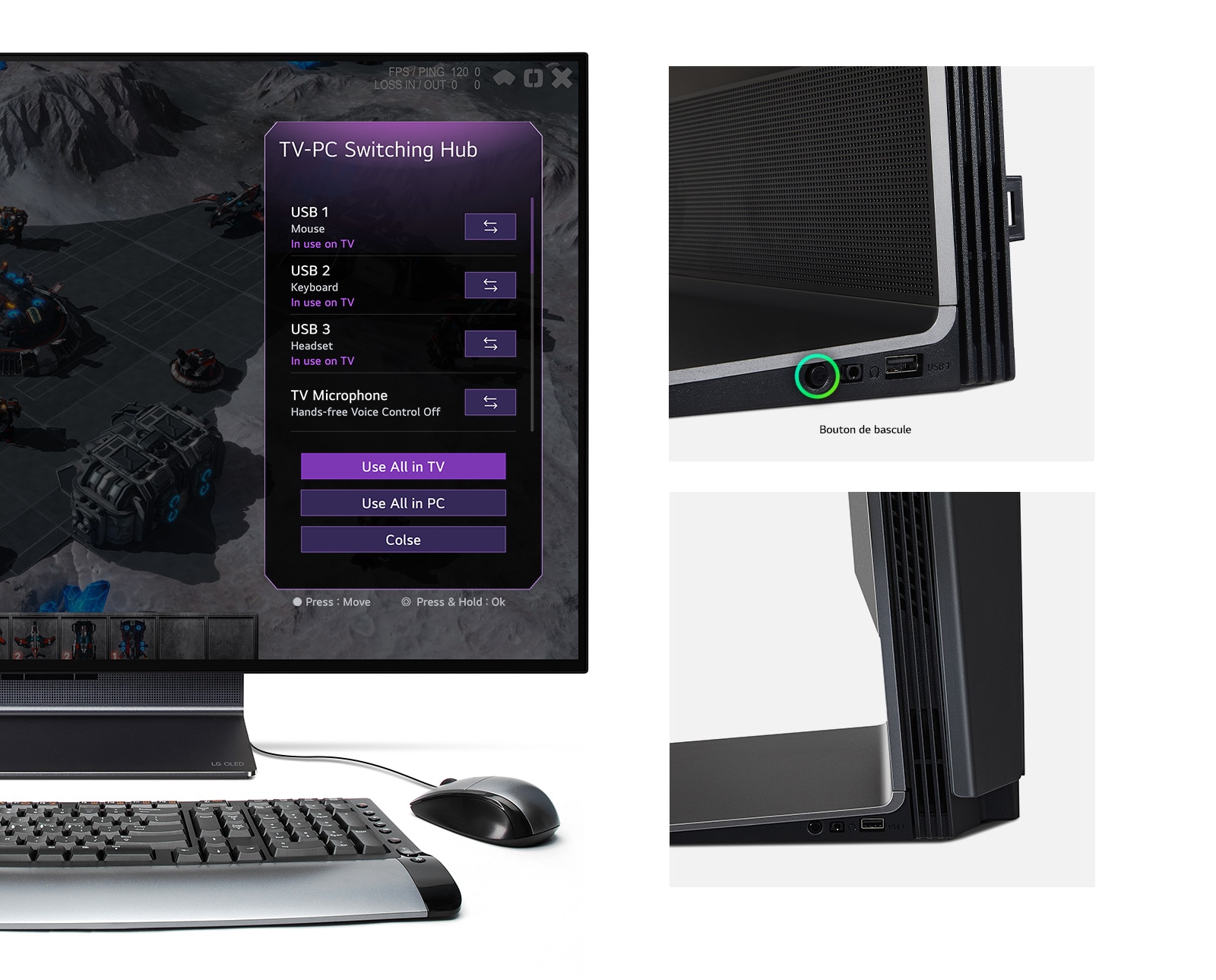 Hub de bascule présenté en trois images. Le menu du Switching Hub s’affiche d’abord sur l’écran du LG OLED Flex. La deuxième image montre le port de connexion sur le LG OLED Flex. La troisième image présente une vue latérale du port de connexion du LG OLED Flex.
