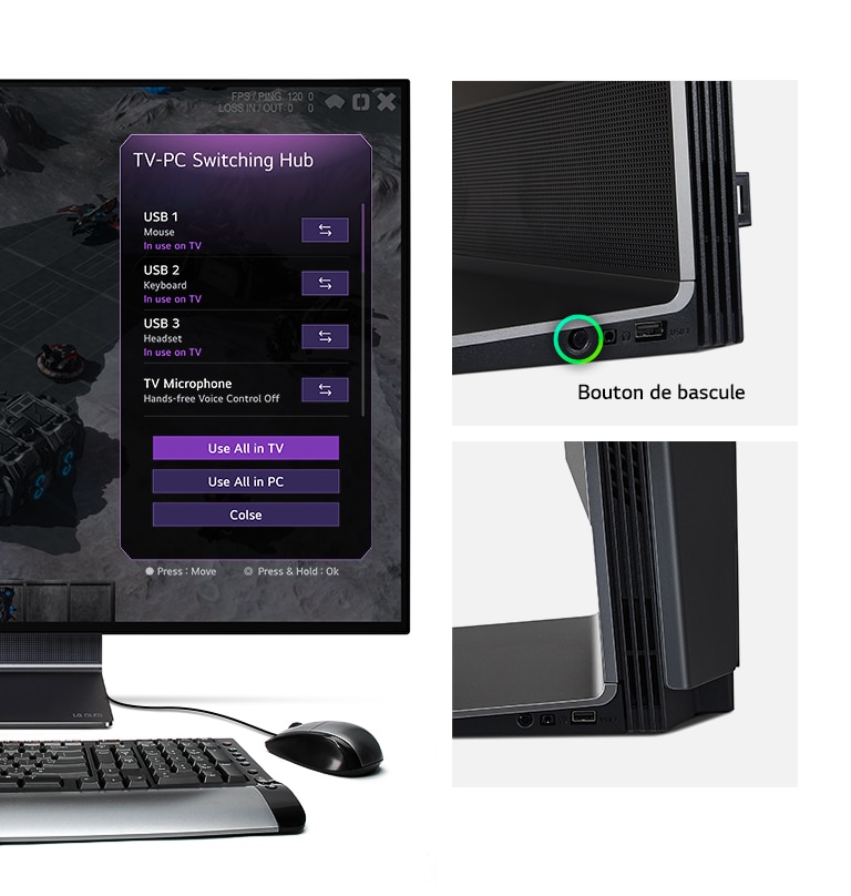 Hub de bascule présenté en trois images. Le menu du Switching Hub s’affiche d’abord sur l’écran du LG OLED Flex. La deuxième image montre le port de connexion sur le LG OLED Flex. La troisième image présente une vue latérale du port de connexion du LG OLED Flex.